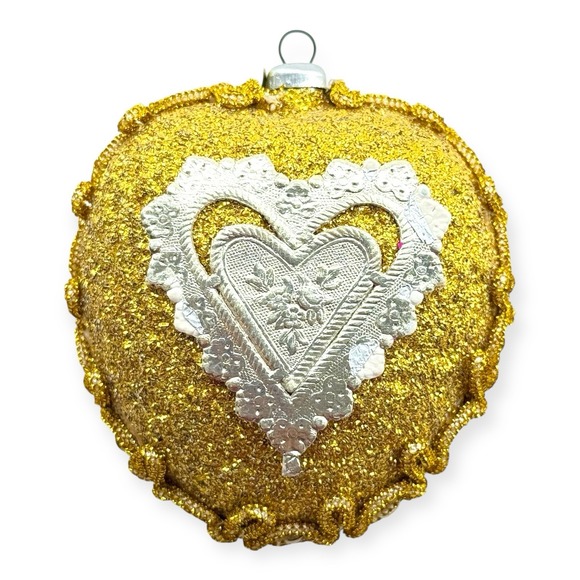 Vintage West Germany Heart Ornament Merry Christmas Pebbled Glass Embellished - Picture 2 of 8